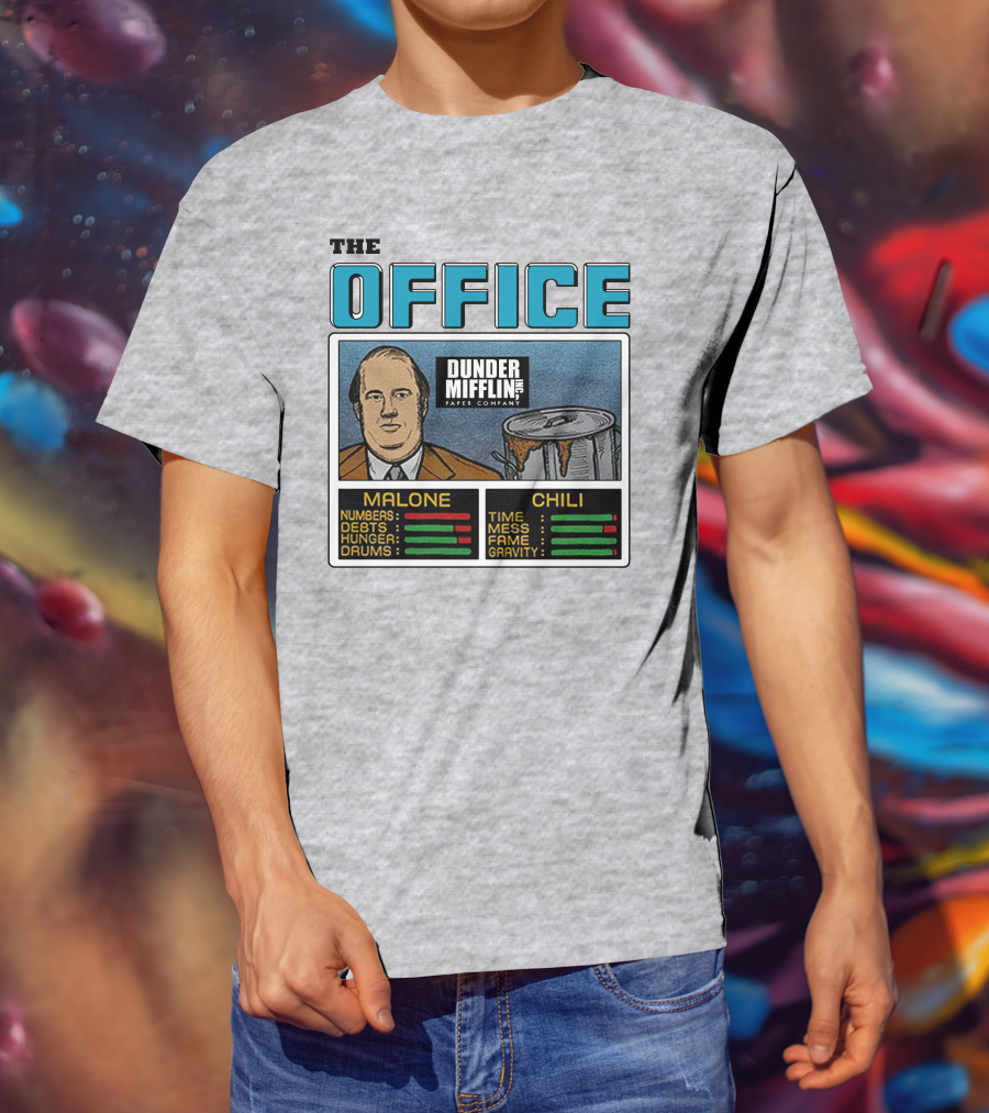 The Office Dunder Mifflin Kevin Malone Chili Numbers Debts Hunger Drums Time Mess Fame Gravity T-Shirt