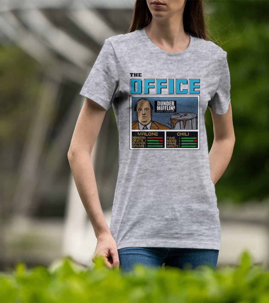 The Office Dunder Mifflin Kevin Malone Chili Numbers Debts Hunger Drums Time Mess Fame Gravity T-Shirt