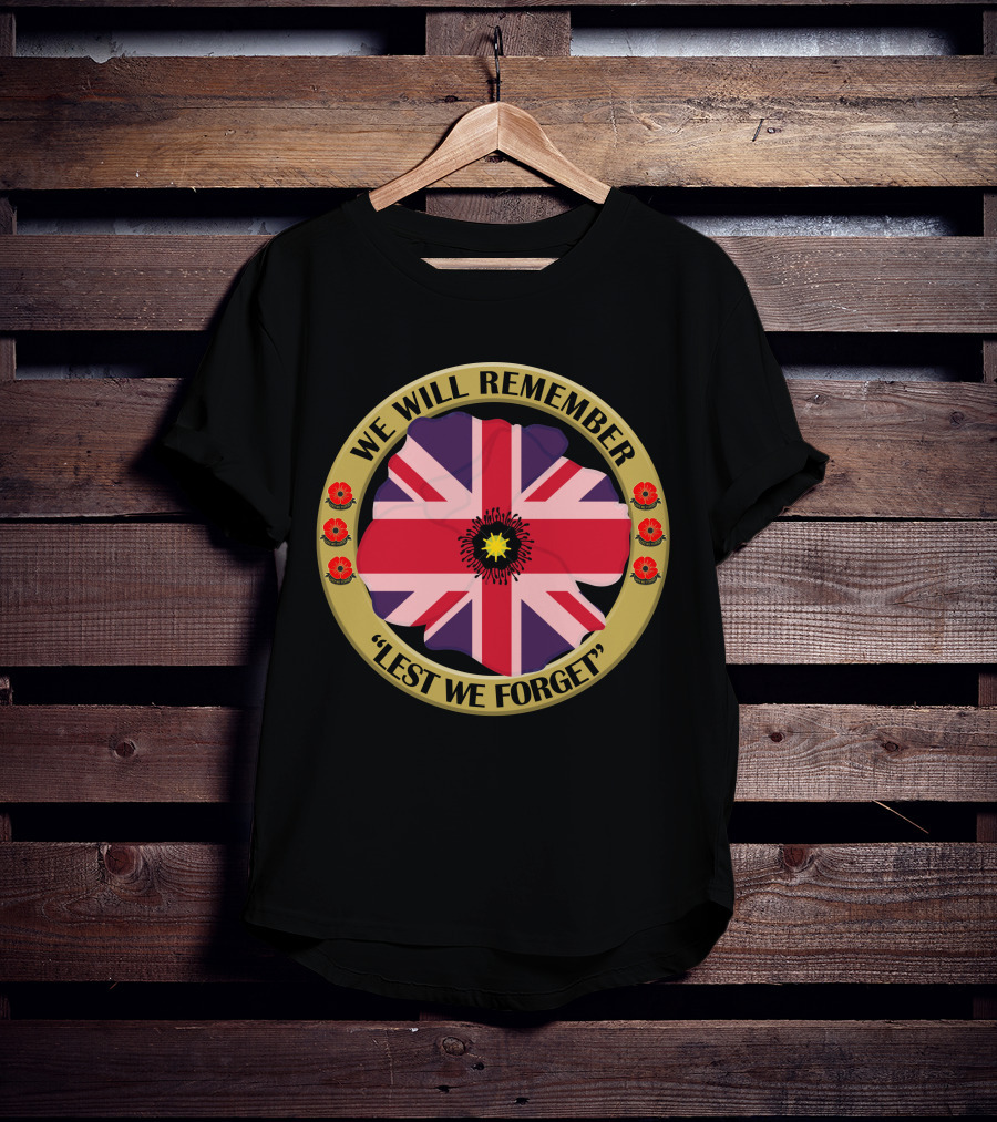We Will Remember Lest We Forget Union Jack Poppy Remembrance T-Shirt