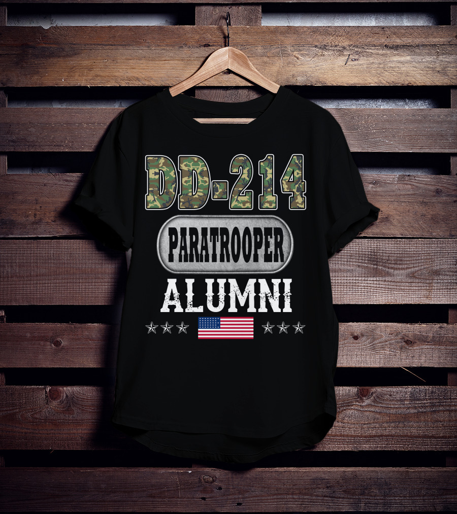 Dd-214 Paratrooper Alumni American Flag Camouflage Stars T-Shirt