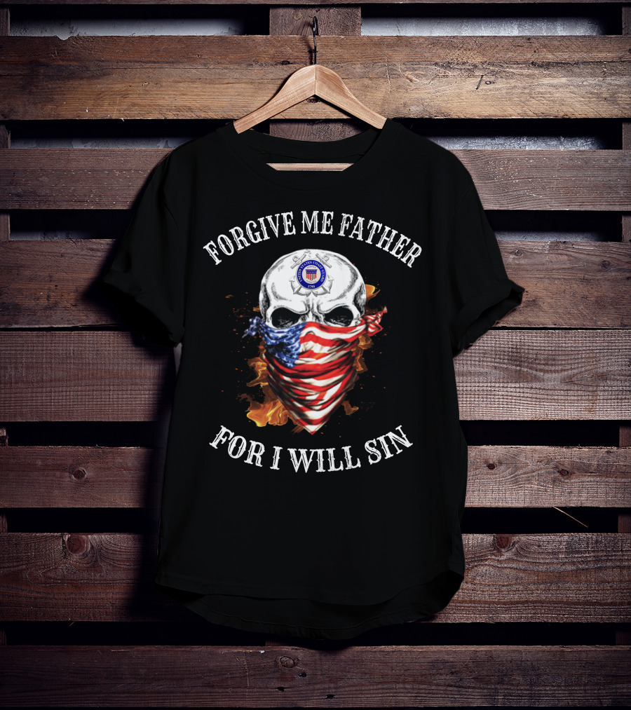 Forgive Me Father For I Will Sin Skull With American Flag Bandana And Fire T-Shirt