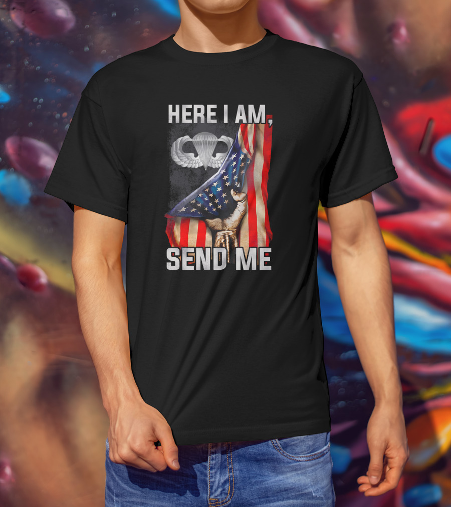 Here I Am Send Me American Flag Paratrooper Wings T-Shirt