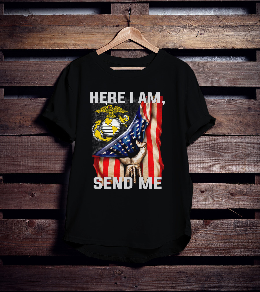 Here I Am Send Me US Marine Corps Eagle Globe Anchor American Flag T-Shirt
