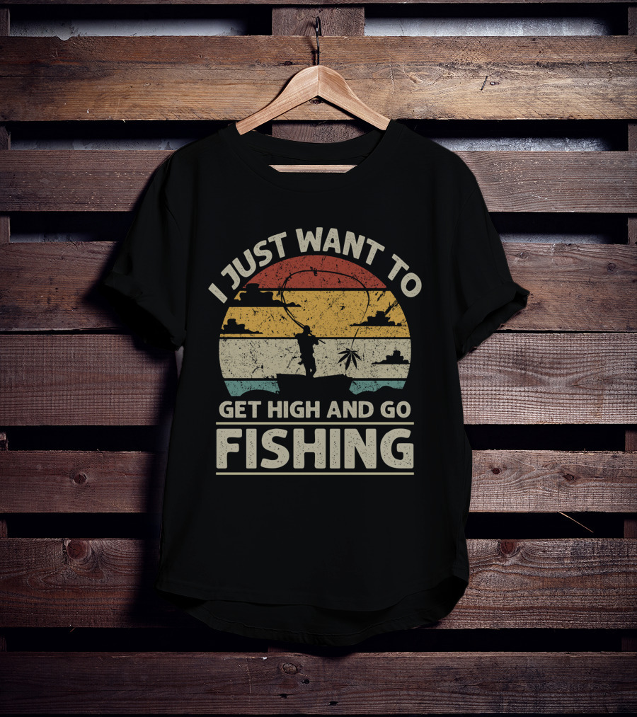 I Just Want To Get High And Go Fishing Vintage Sunset Canoe Adventure T-Shirt