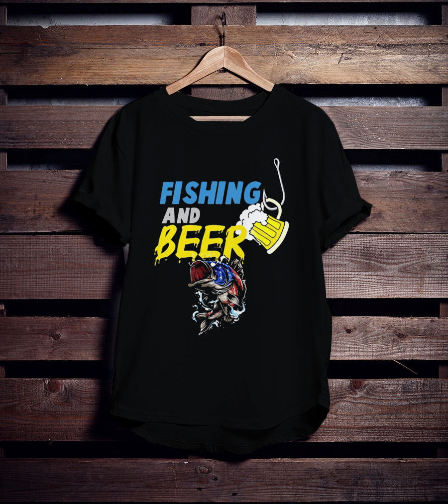 Fishing And Beer American Flag Fish Version With Mug And Hook T-Shirt