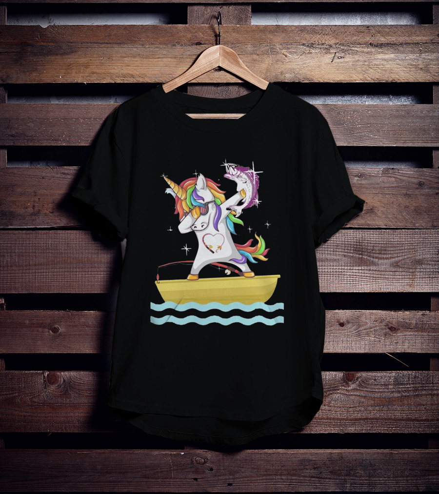 Unicorn Dabbing With Fish On Boat T-Shirt