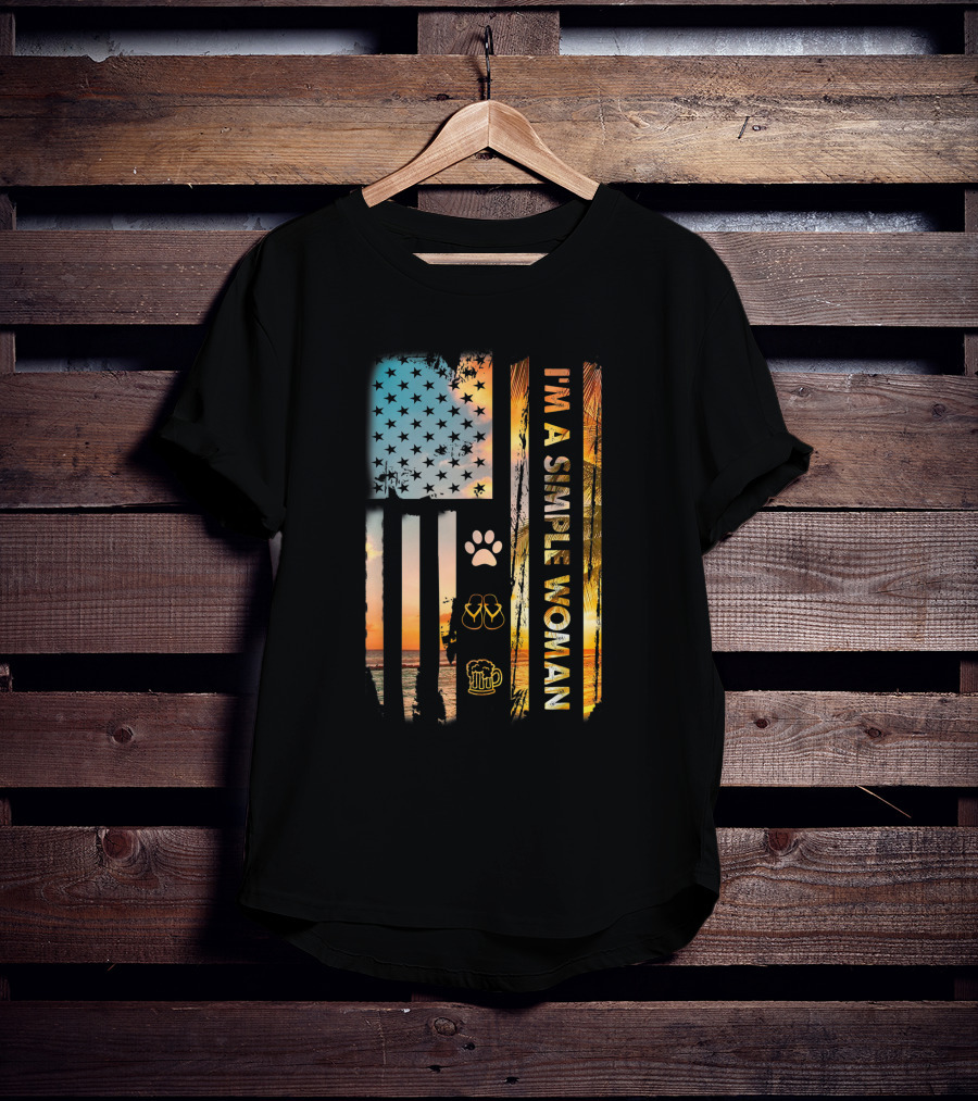I'm A Simple Woman Loves Fishing Dog Shoes Wine American Flag Sunset Beach Paw Flip Flops Beer T-Shirt