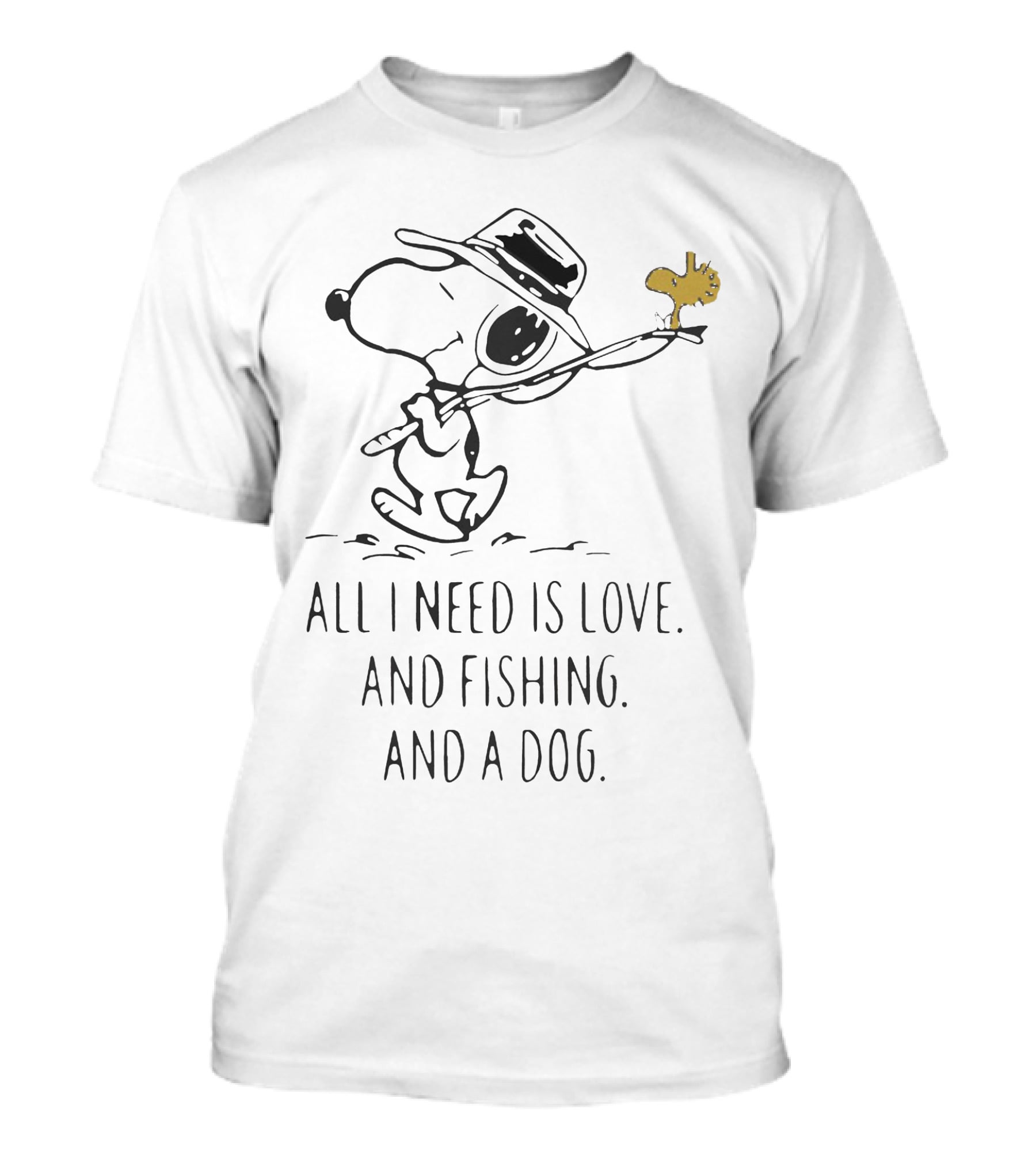 Snoopy Fishing Love Dog All I Need Is Love And Fishing And A Dog T-Shirt