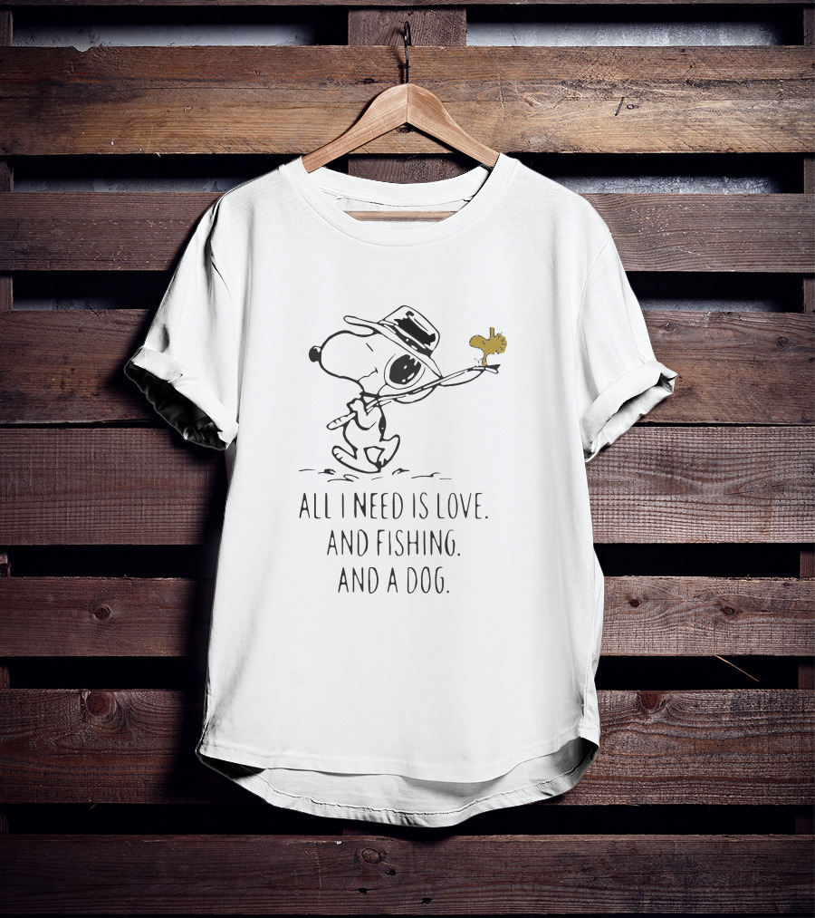 Snoopy Fishing Love Dog All I Need Is Love And Fishing And A Dog T-Shirt