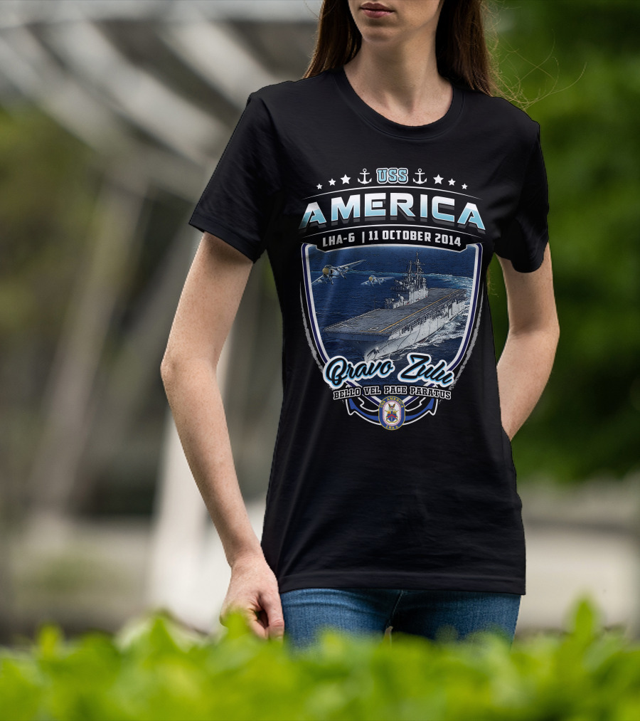 Uss America Lha-6 11 October 2014 Bravo Zulu Bello Vel Pace Paratus T-Shirt