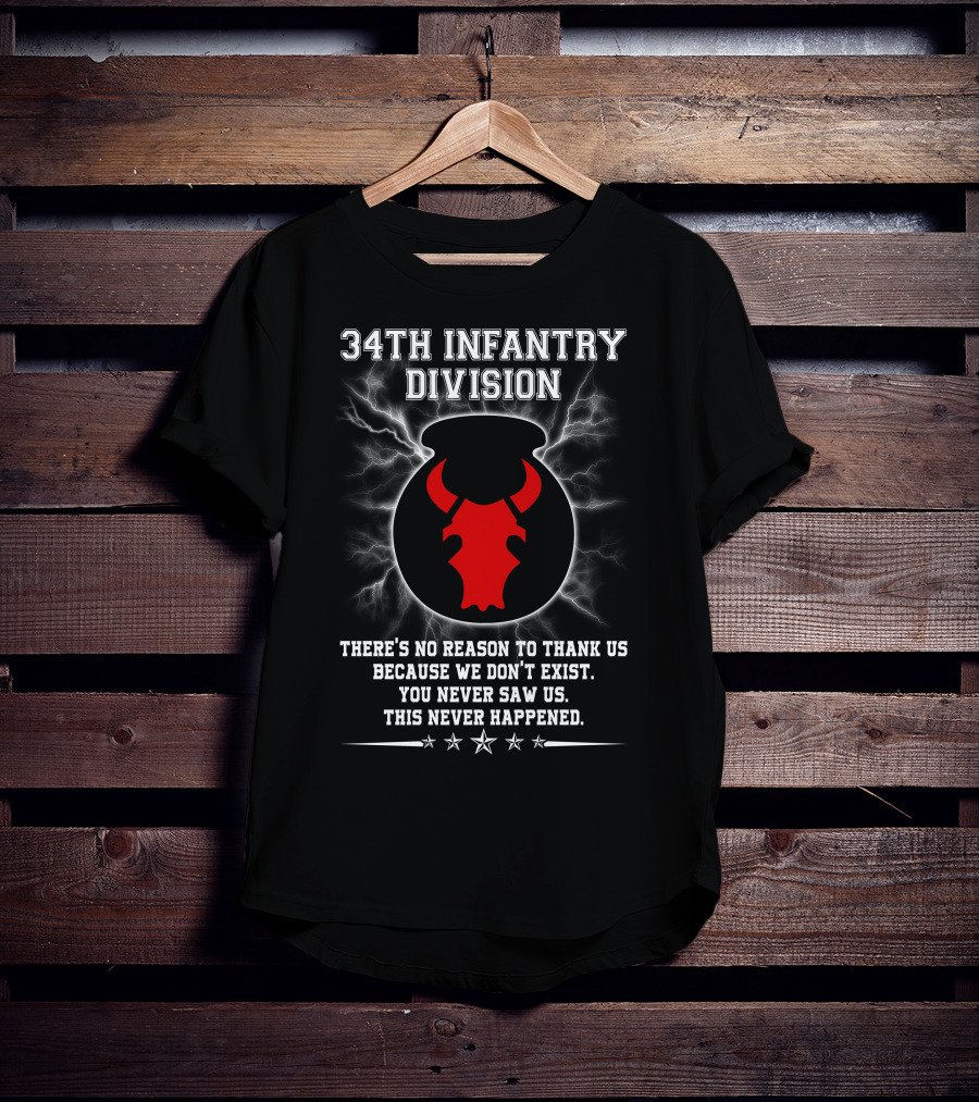 34Th Infantry Division Red Bull Skull With Lightning And Secret Message T-Shirt