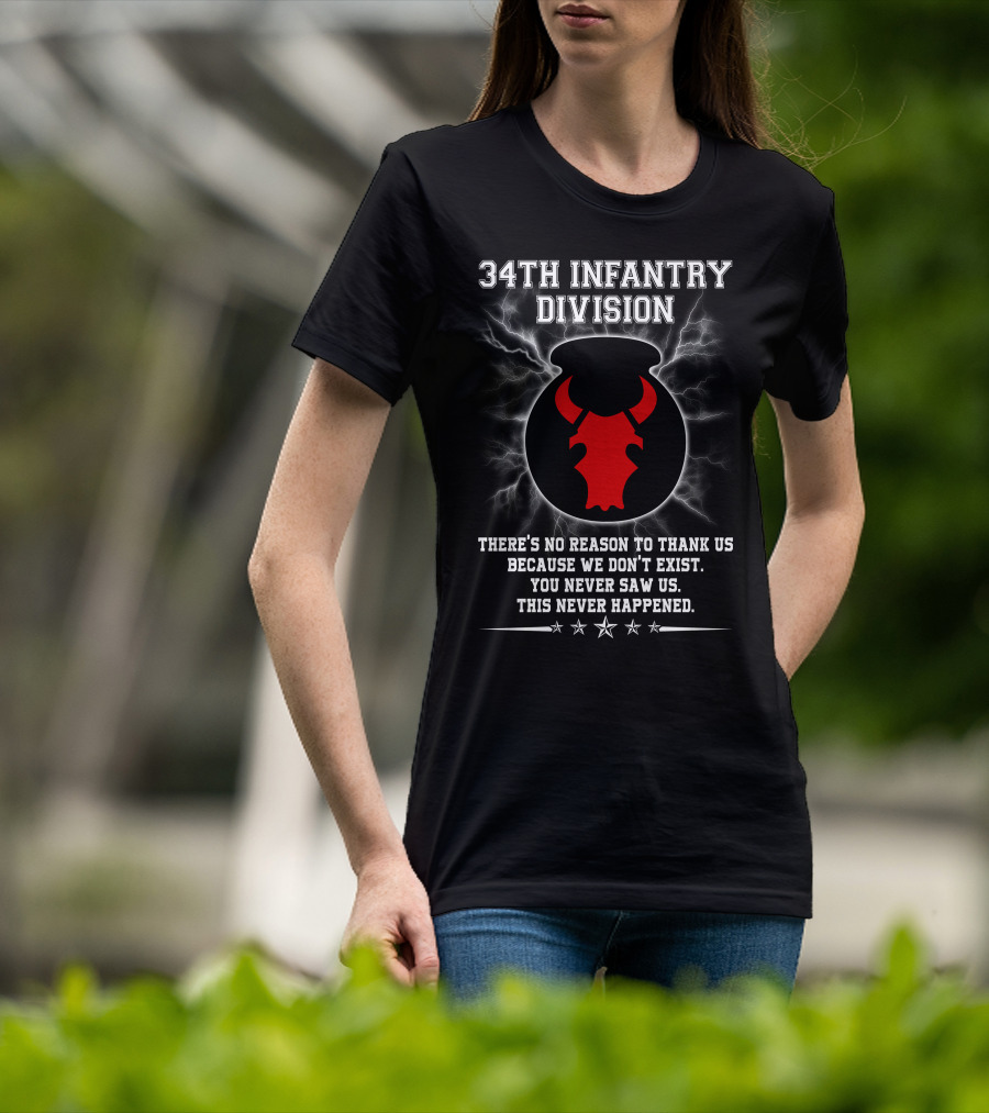 34Th Infantry Division Red Bull Skull With Lightning And Secret Message T-Shirt