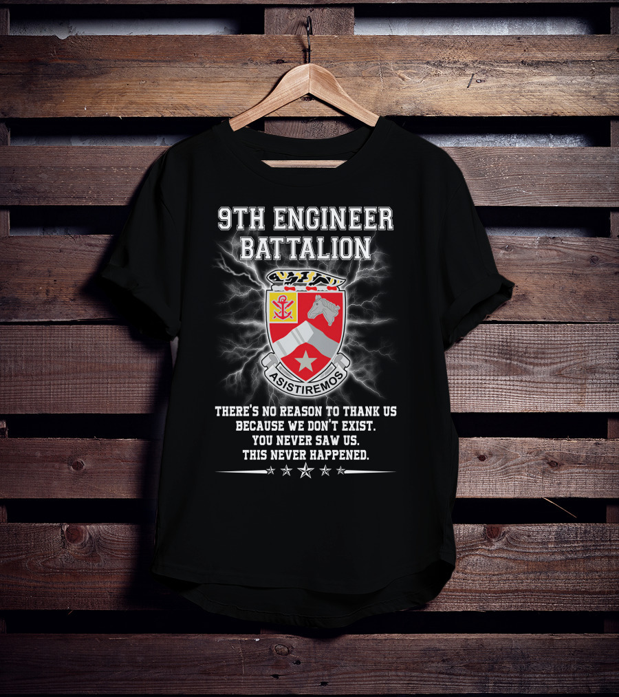9Th Engineer Battalion Asistiremos Coat Of Arms Electric Background Never Happened T-Shirt