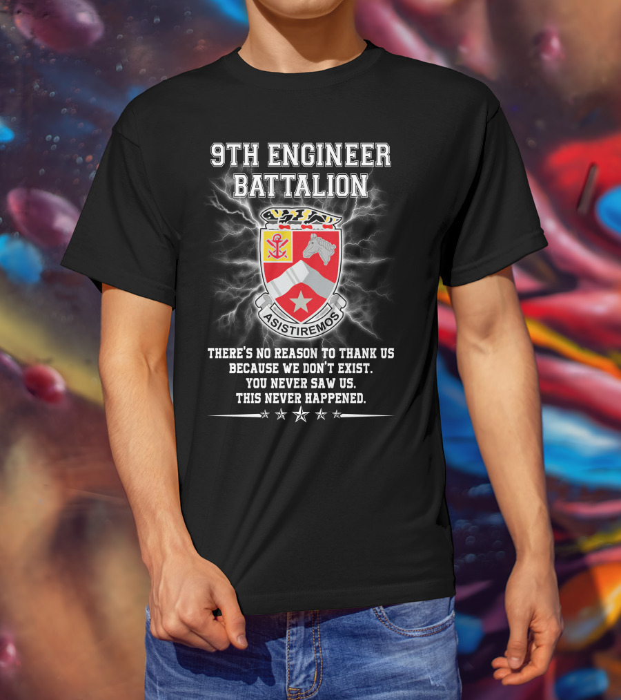 9Th Engineer Battalion Asistiremos Coat Of Arms Electric Background Never Happened T-Shirt