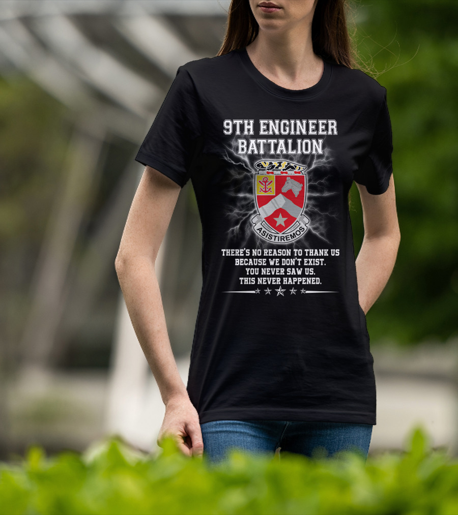 9Th Engineer Battalion Asistiremos Coat Of Arms Electric Background Never Happened T-Shirt