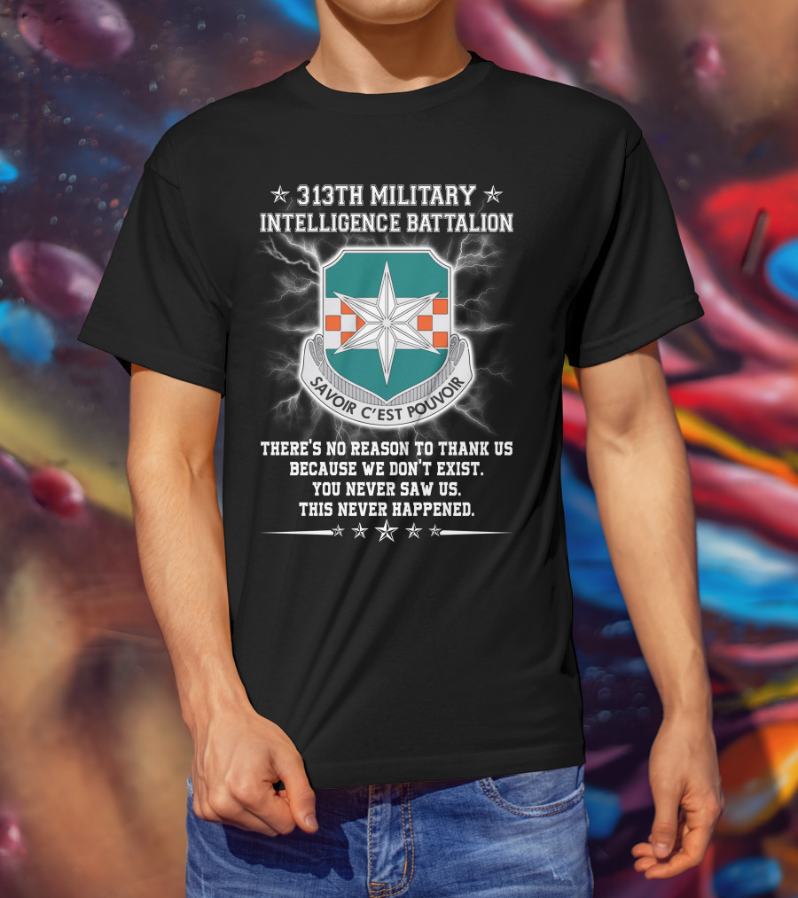 313th Military Intelligence Battalion Savoir C'est Pouvoir You Never Saw Us This Never Happened T-Shirt