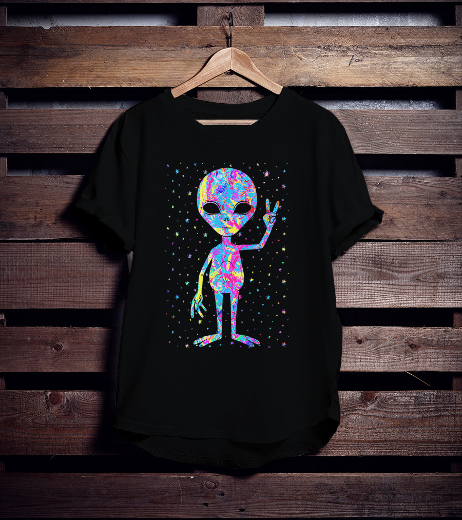 1970s Groovy Tie Dye Alien With Peace Sign T-Shirt