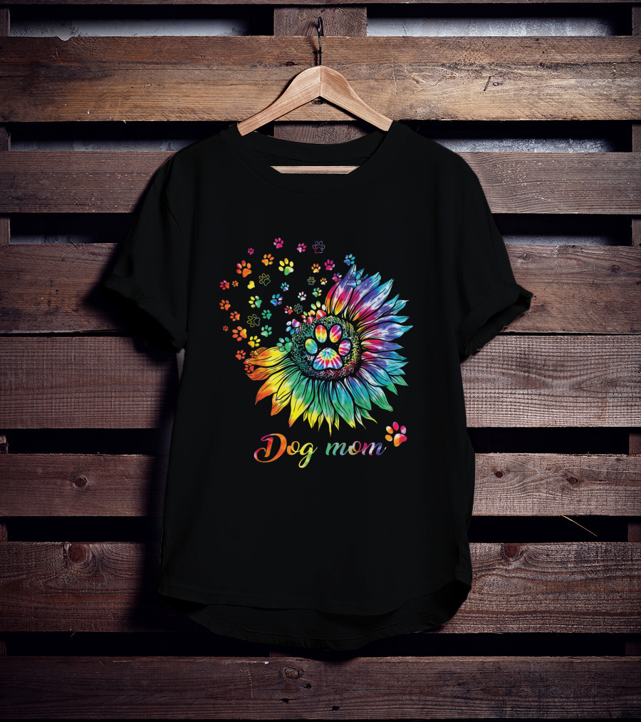 Dog Mom Tie Dye Sunflower With Paw Prints T-Shirt