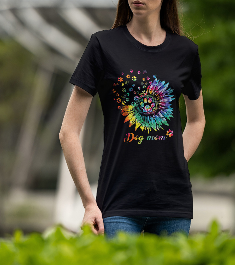 Dog Mom Tie Dye Sunflower With Paw Prints T-Shirt