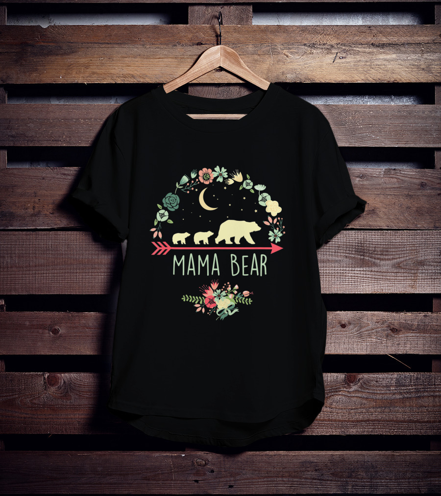 Mama Bear With Two Cubs Moon And Floral Arrow T-Shirt