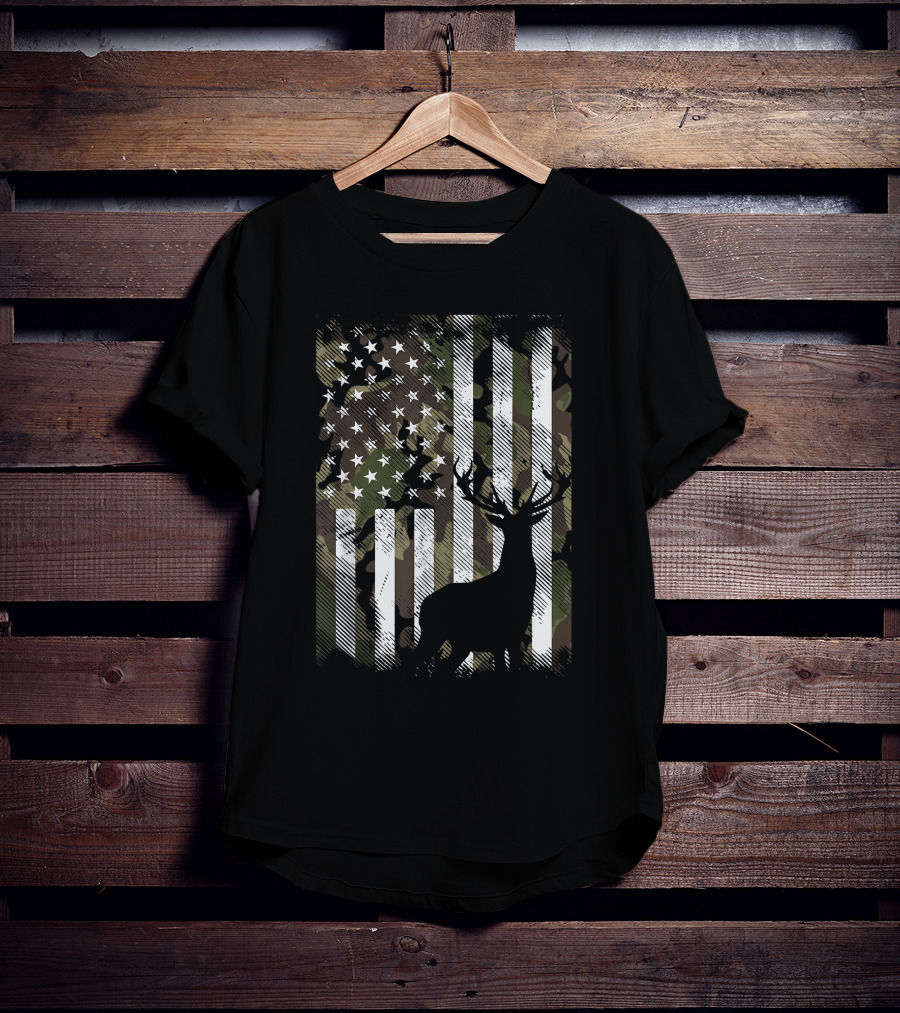 Camo American Flag With Deer Silhouette USA Hunting T-Shirt