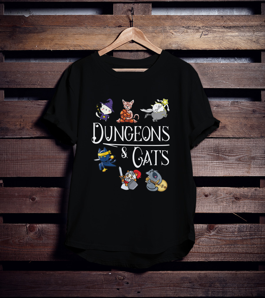 Dungeons And Cats Funny Cat Lover Cartoon Character Wizard And Warrior Adventure T-Shirt