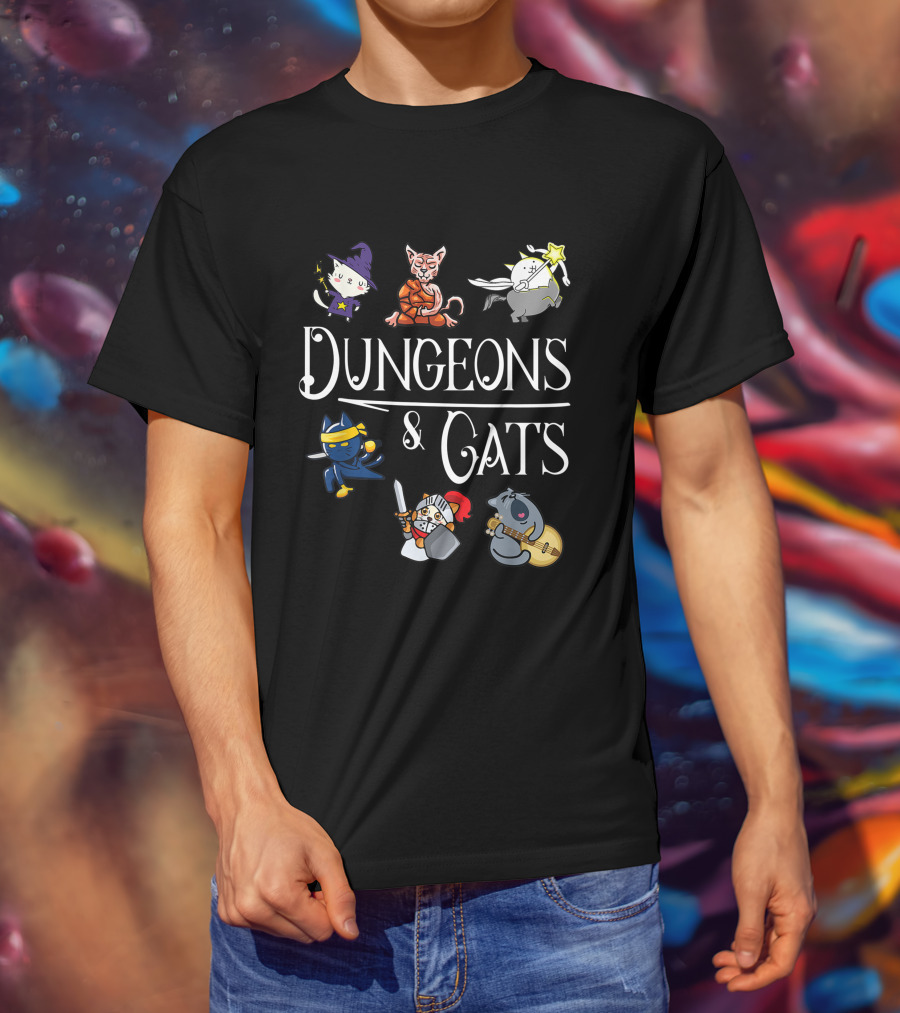 Dungeons And Cats Funny Cat Lover Cartoon Character Wizard And Warrior Adventure T-Shirt