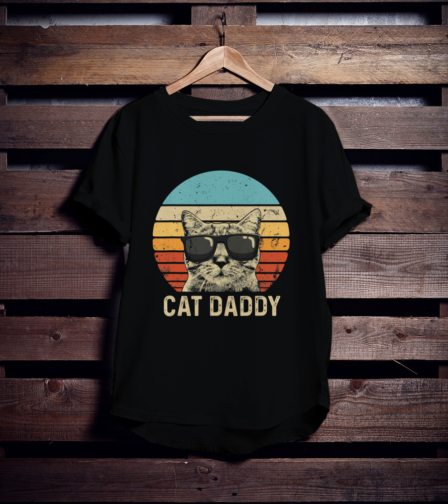 Mens Vintage Cat Daddy Funny Cat Lover Cat Dad Fathers Retro Sunglasses Cat T-Shirt
