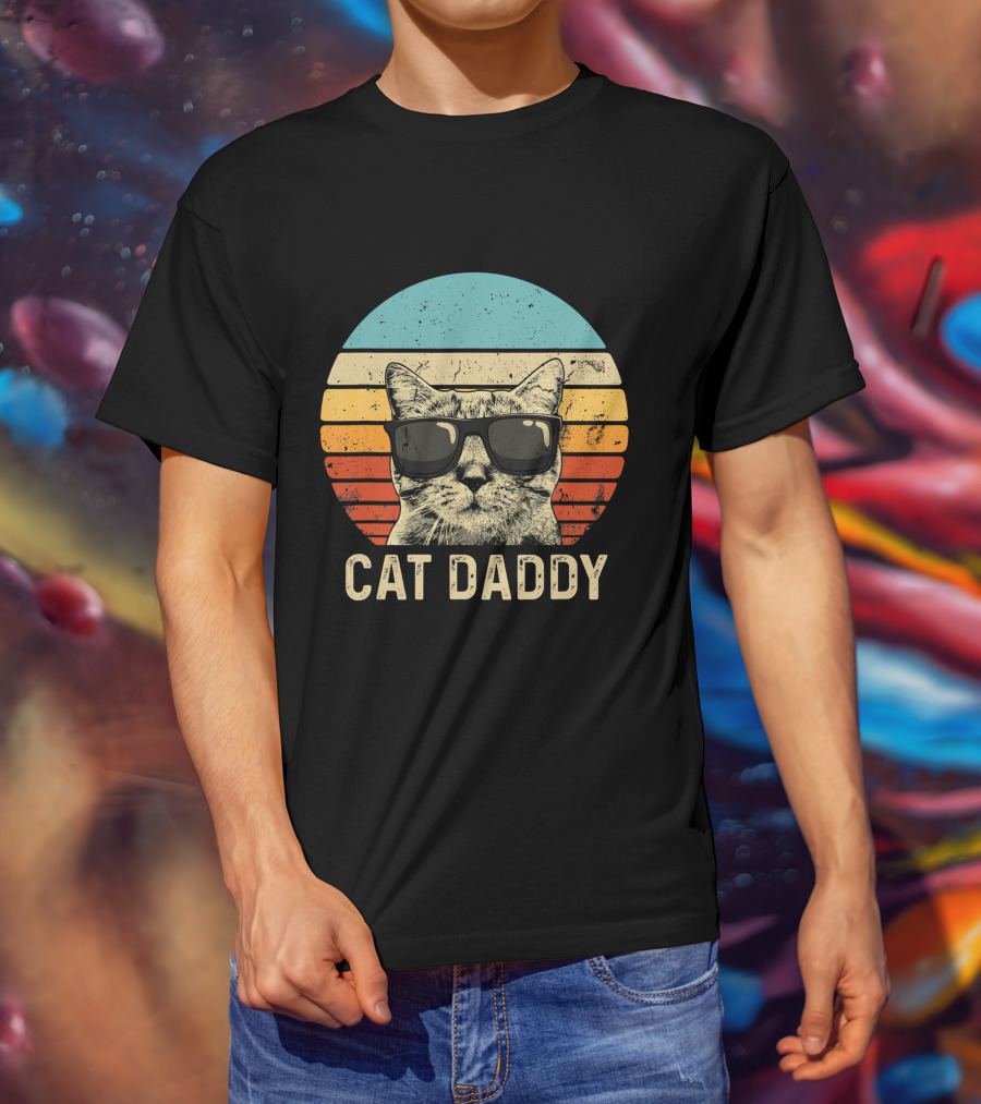 Mens Vintage Cat Daddy Funny Cat Lover Cat Dad Fathers Retro Sunglasses Cat T-Shirt