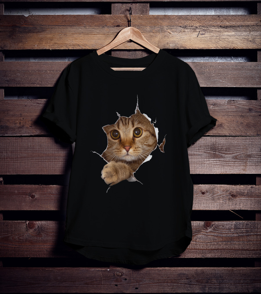 Sweet Kitten Torn Cloth Funny Cat Lover Cat Owner Cat Lady Peeking Cat Through Rip T-Shirt