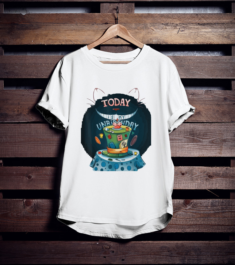 Today Is My Unbirthday Funny Cat Lover Eat Me 10/6 Hat Cheshire Table T-Shirt