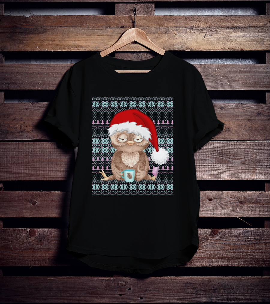 Ugly Christmas Santa Owl Coffee Lovers Christmas Costume T-Shirt