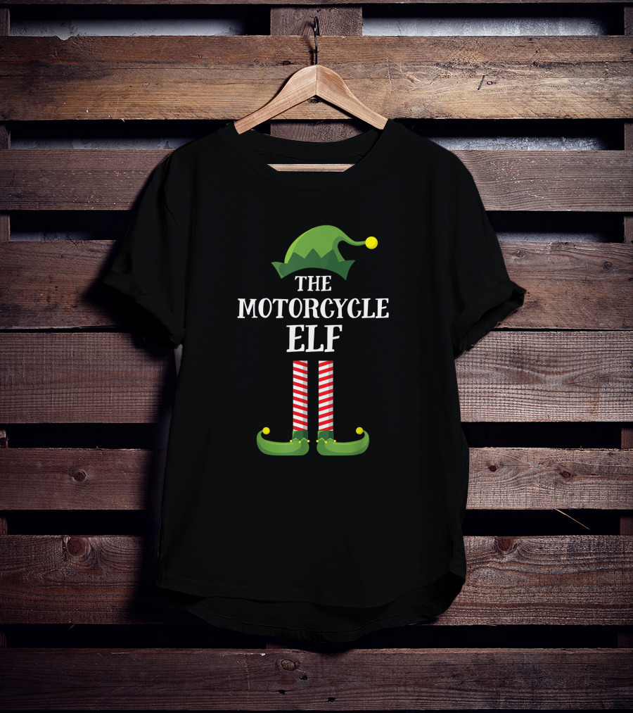 The Motorcycle Elf Green Hat Red Striped Legs Christmas Party Matching Family Group T-Shirt
