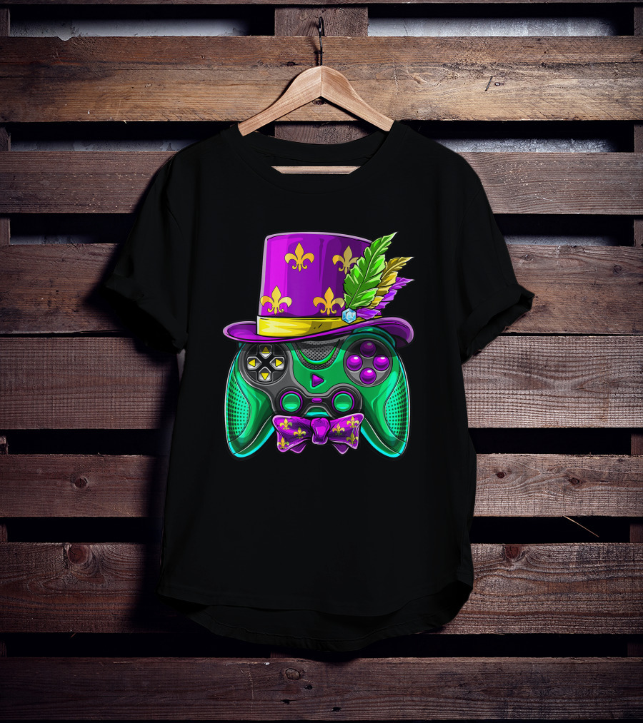 Mardi Gras Fleur-de-Lis Video Game Controller Jester Hat Bow Tie T-Shirt