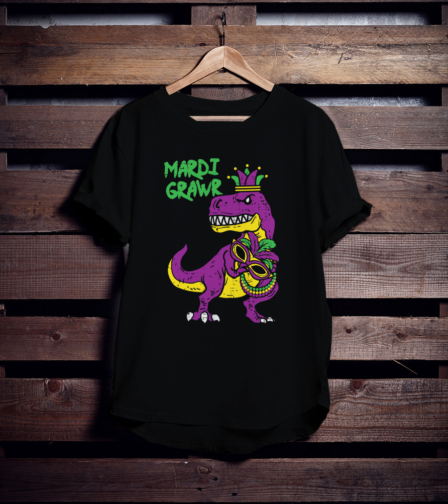 Mardi Grawr Jester Trex Dinosaur With Mask And Beads T-Shirt