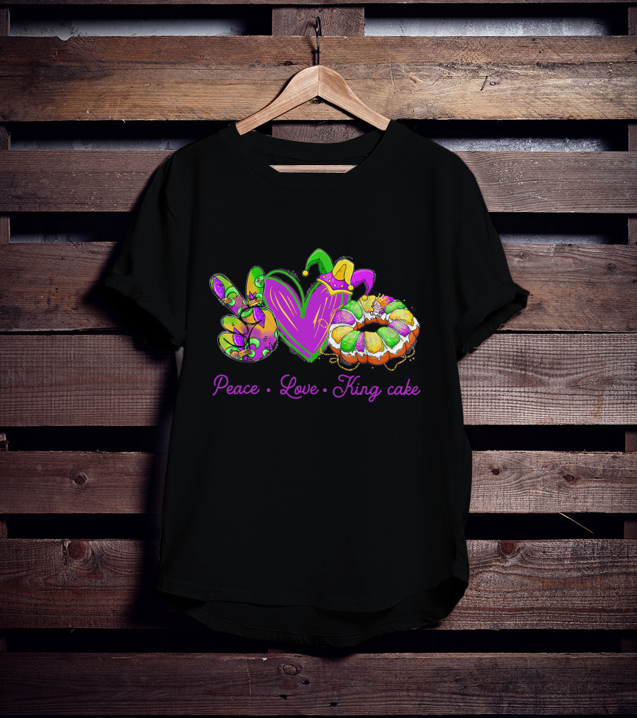 Peace Love King Cake Funny Mardi Gras Party Carnival Icons T-Shirt