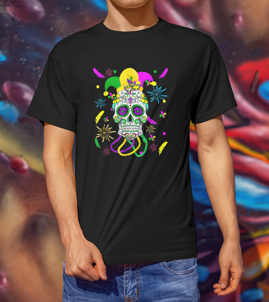 Sugar Skull Carnival Mask Jester Hat Mardi Gras Celebrations T-Shirt