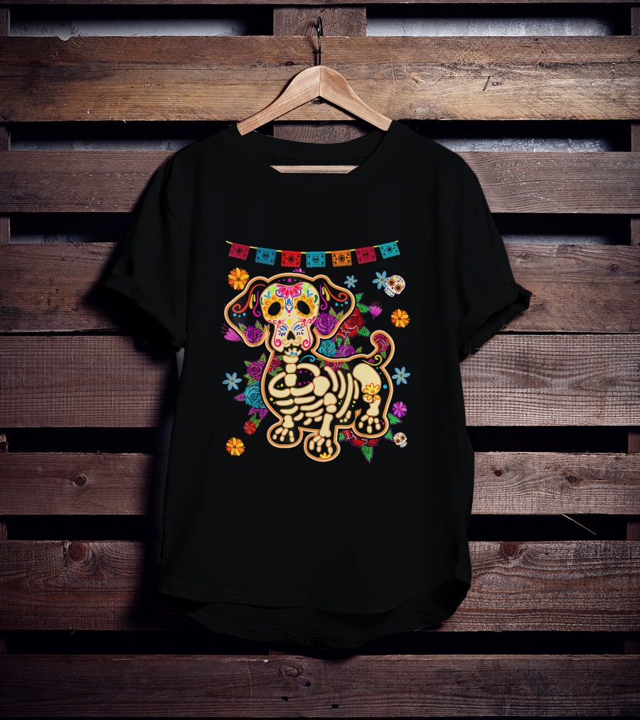 Sugar Skull Mexican Dachshund Bone Halloween Day Of The Dead Dog Skeleton Flowers T-Shirt