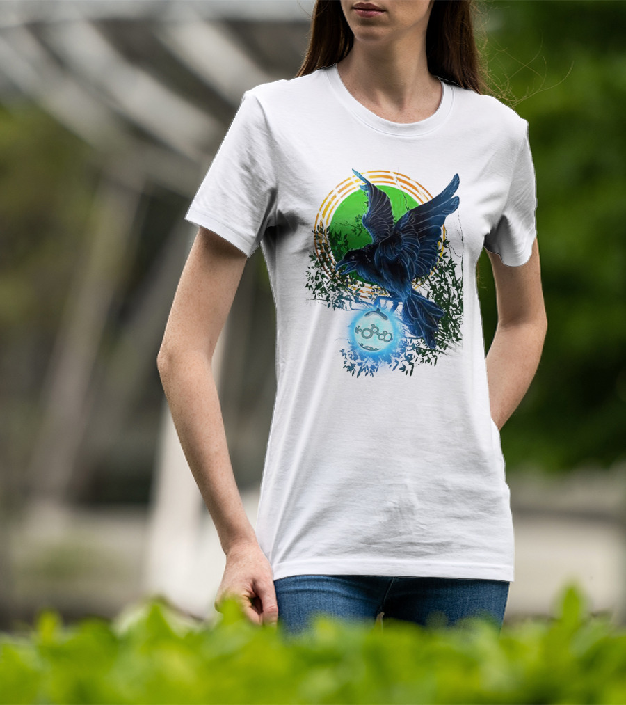 Pointcrow Raven Orb Enigma With Rings And Foliage T-Shirt