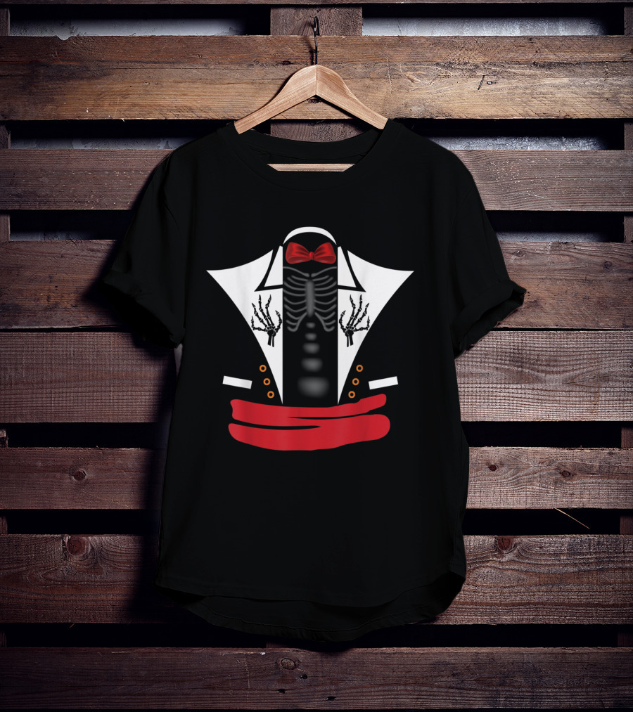 Dia De Los Muertos Skeleton Tuxedo Costume With Red Bow Tie And Sash T-Shirt