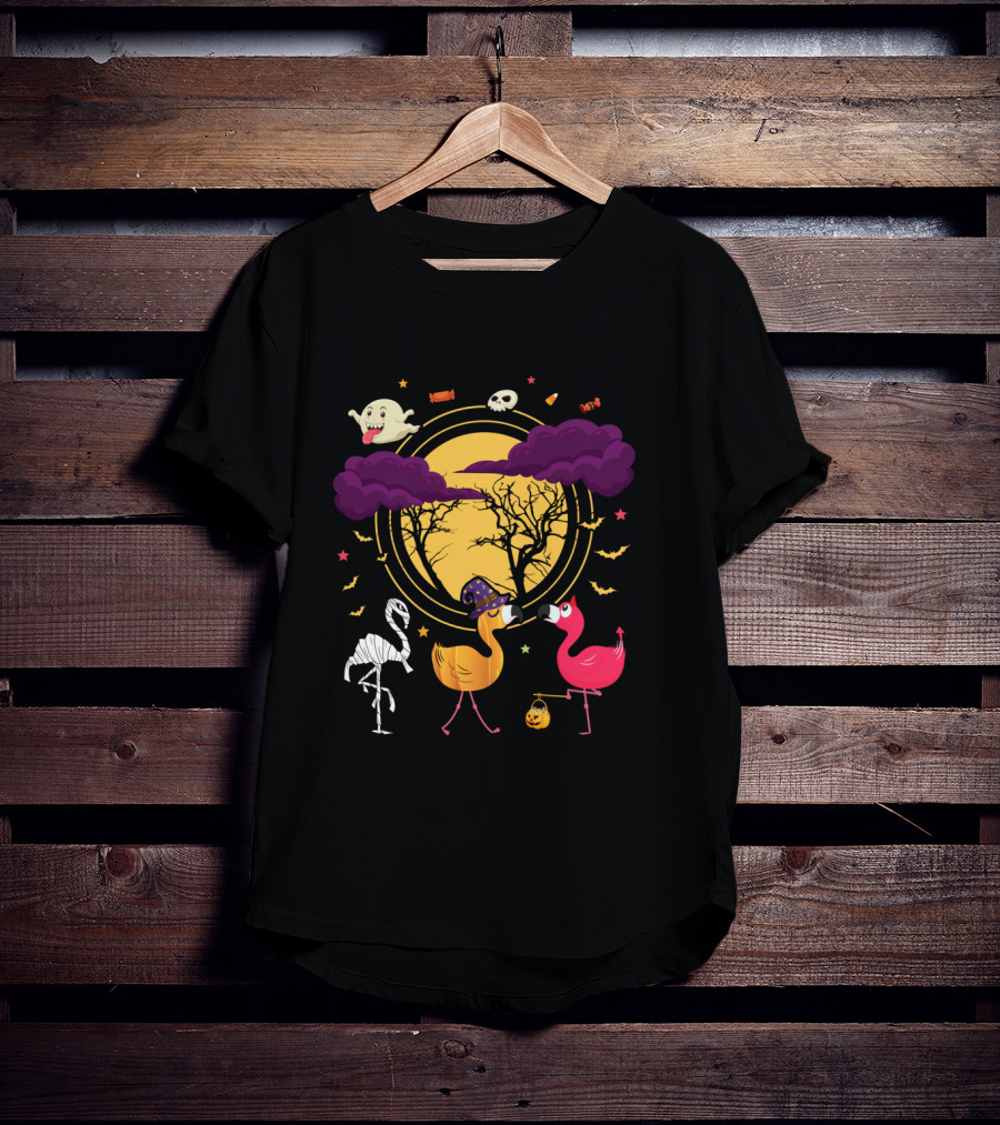 Flamingo Halloween Night With Spooky Duck Skeleton Ghosts Bats Candy Moon T-Shirt