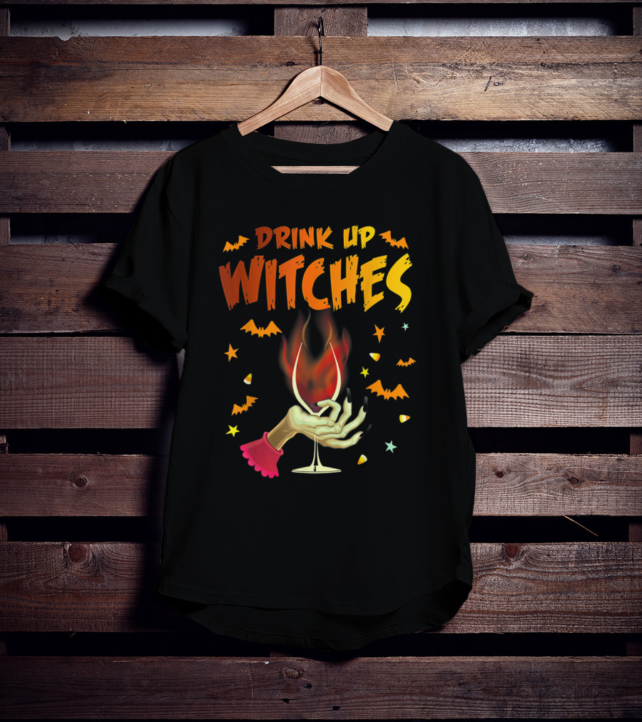 Drink Up Witches Halloween Witch Hand Wine Glass Bat Candy Corn T-Shirt
