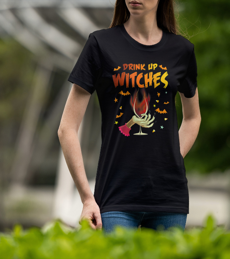 Drink Up Witches Halloween Witch Hand Wine Glass Bat Candy Corn T-Shirt