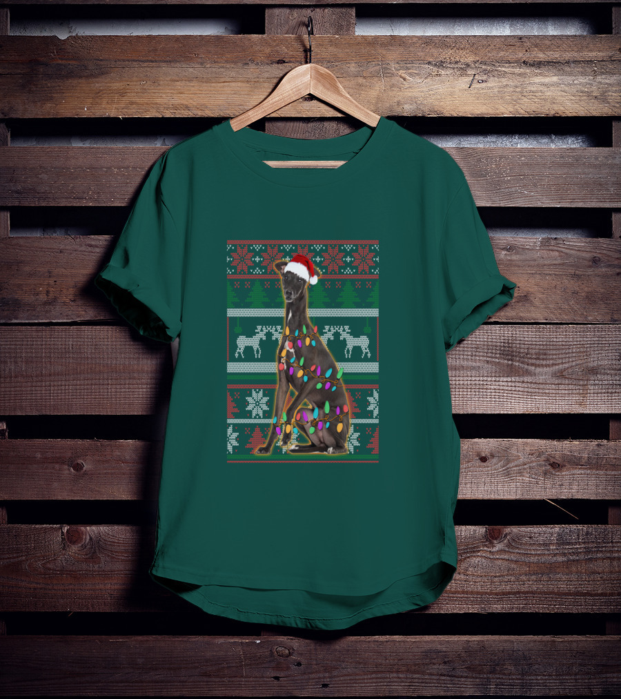 Greyhound Christmas Santa Hat And Lights Ugly T-Shirt
