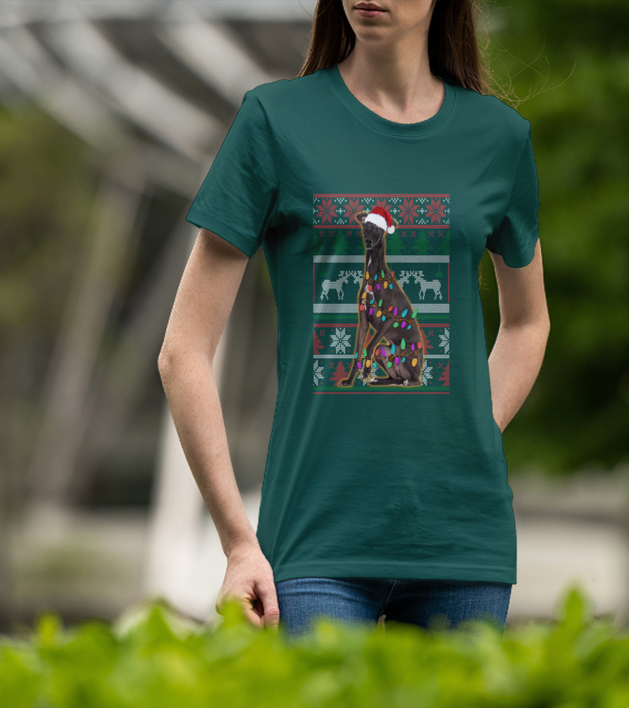 Greyhound Christmas Santa Hat And Lights Ugly T-Shirt