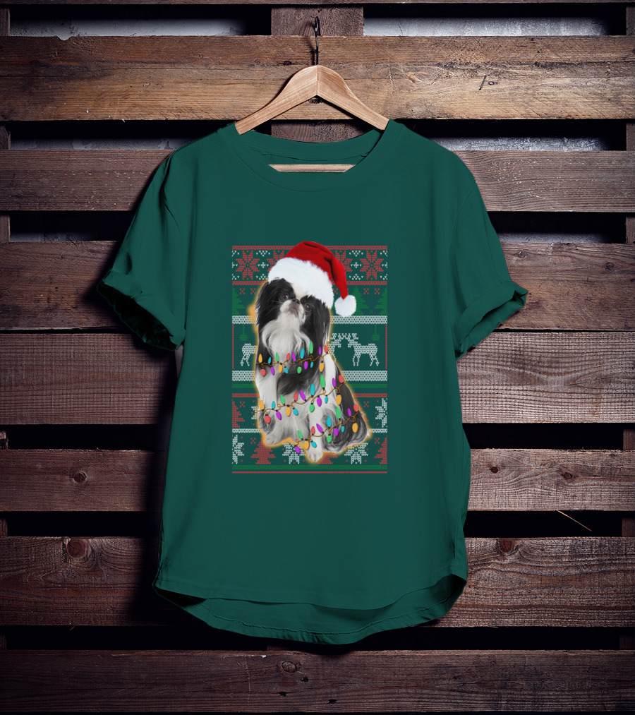 Japanese Chin Christmas Lights Sweater Santa Hat T-Shirt