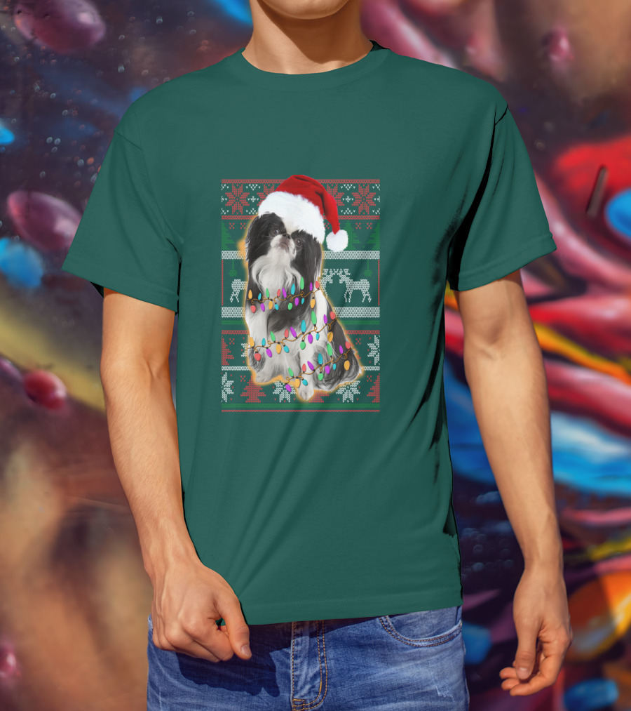 Japanese Chin Christmas Lights Sweater Santa Hat T-Shirt