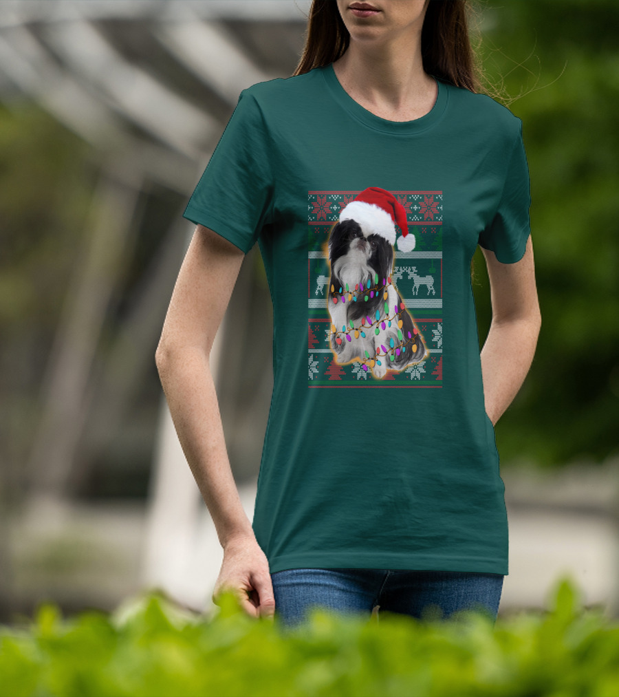 Japanese Chin Christmas Lights Sweater Santa Hat T-Shirt