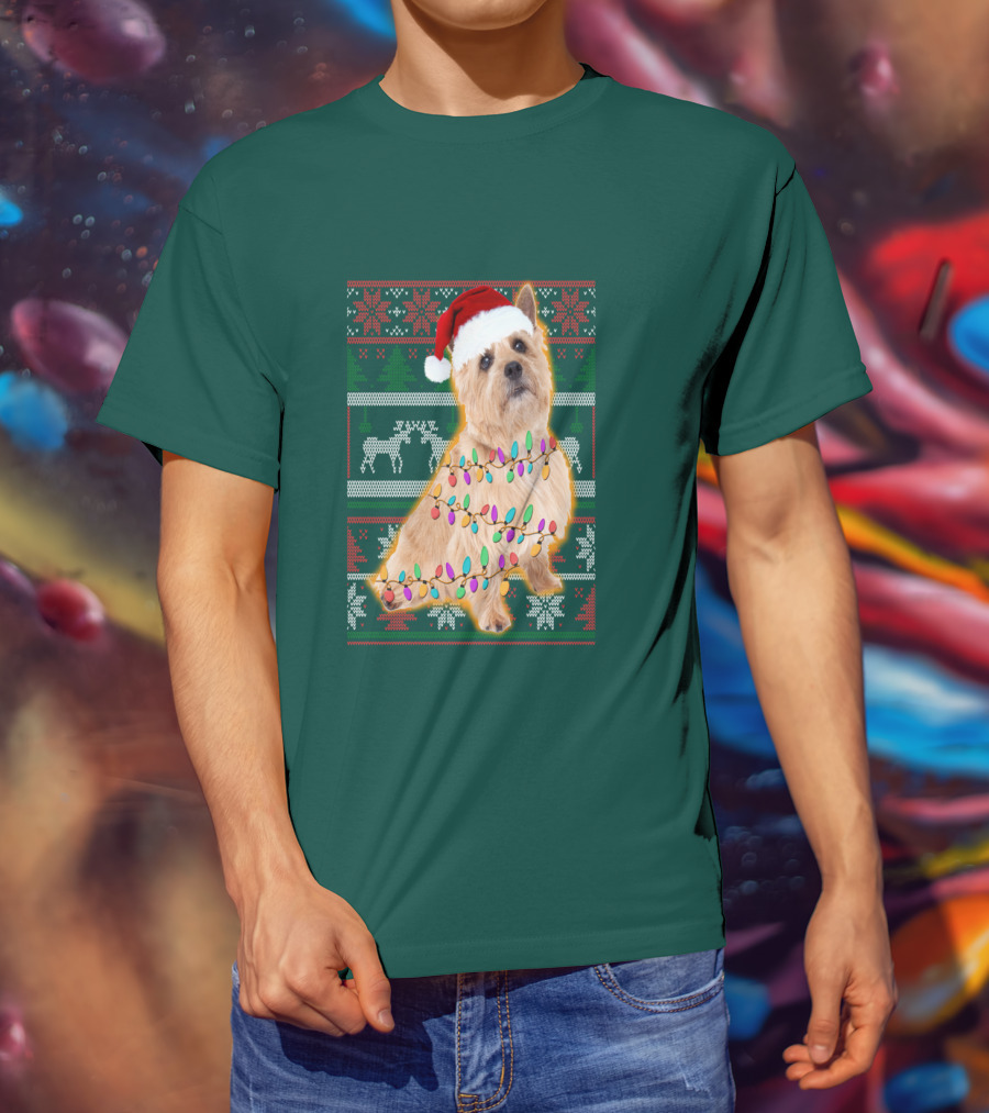 Norfolk Terrier Christmas Lights Sweater Santa Hat T-Shirt