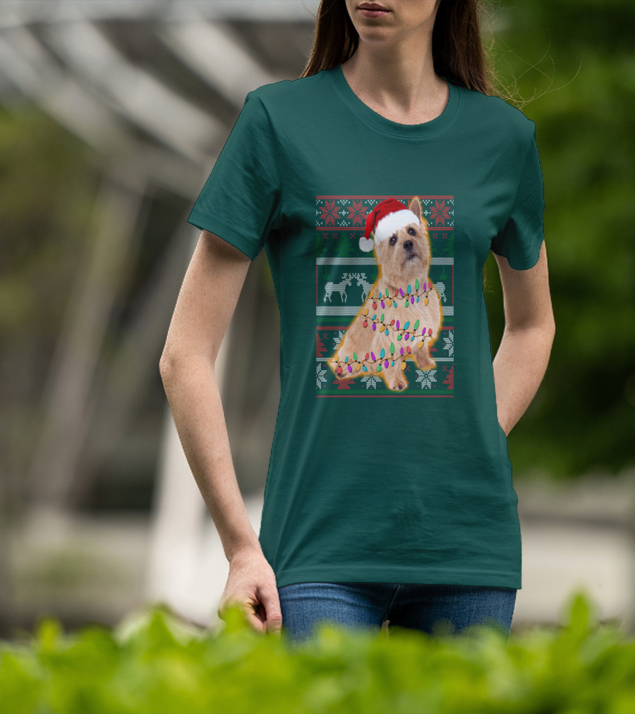Norfolk Terrier Christmas Lights Sweater Santa Hat T-Shirt
